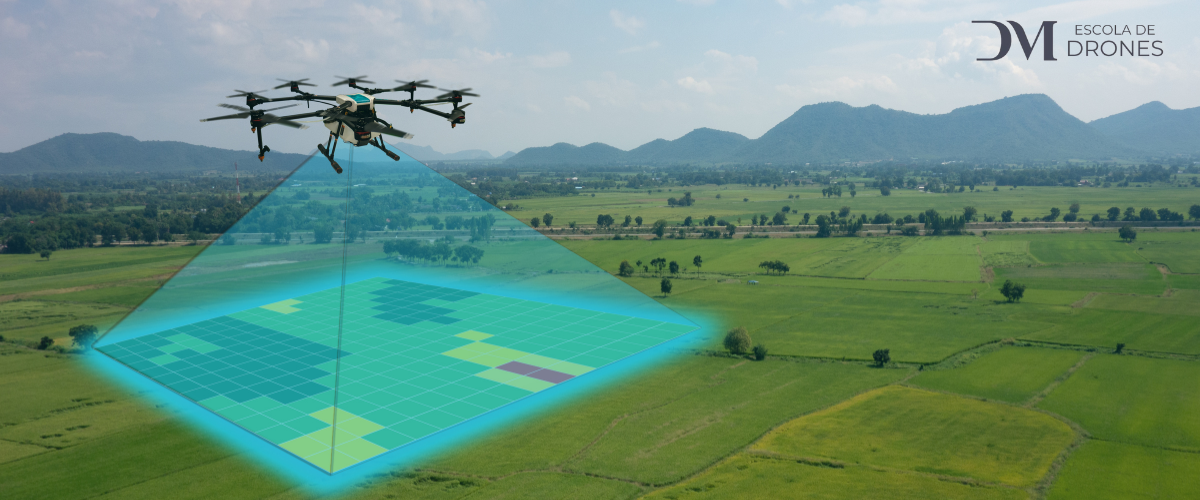 Operação com drone: equipa em campo e aeronave em destaque